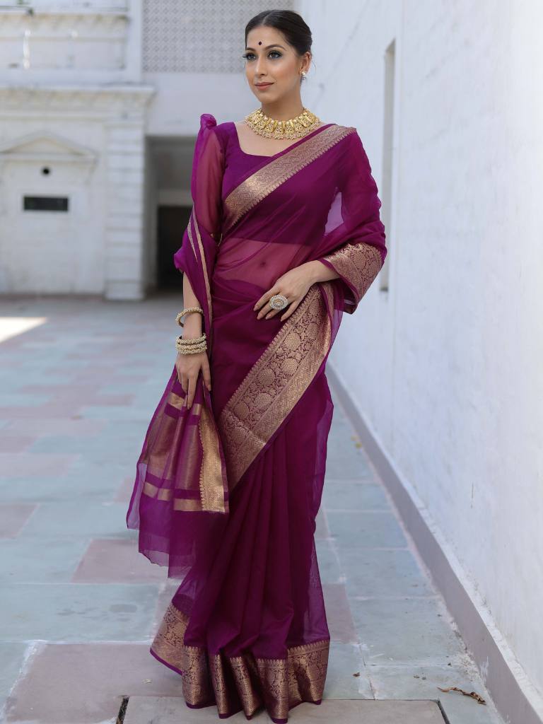 Premium Red Organza Silk Saree with Elegant Golden Woven Border