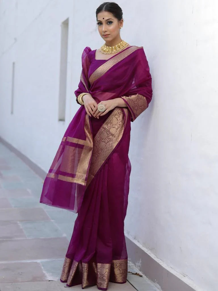 Premium Wine Organza Silk Saree with Elegant Golden Woven Border