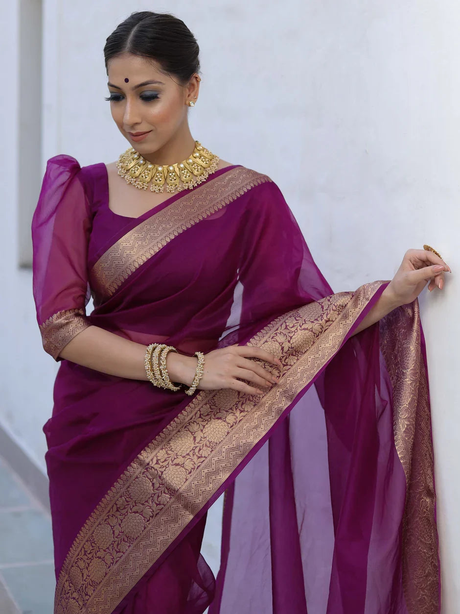 Premium Wine Organza Silk Saree with Elegant Golden Woven Border