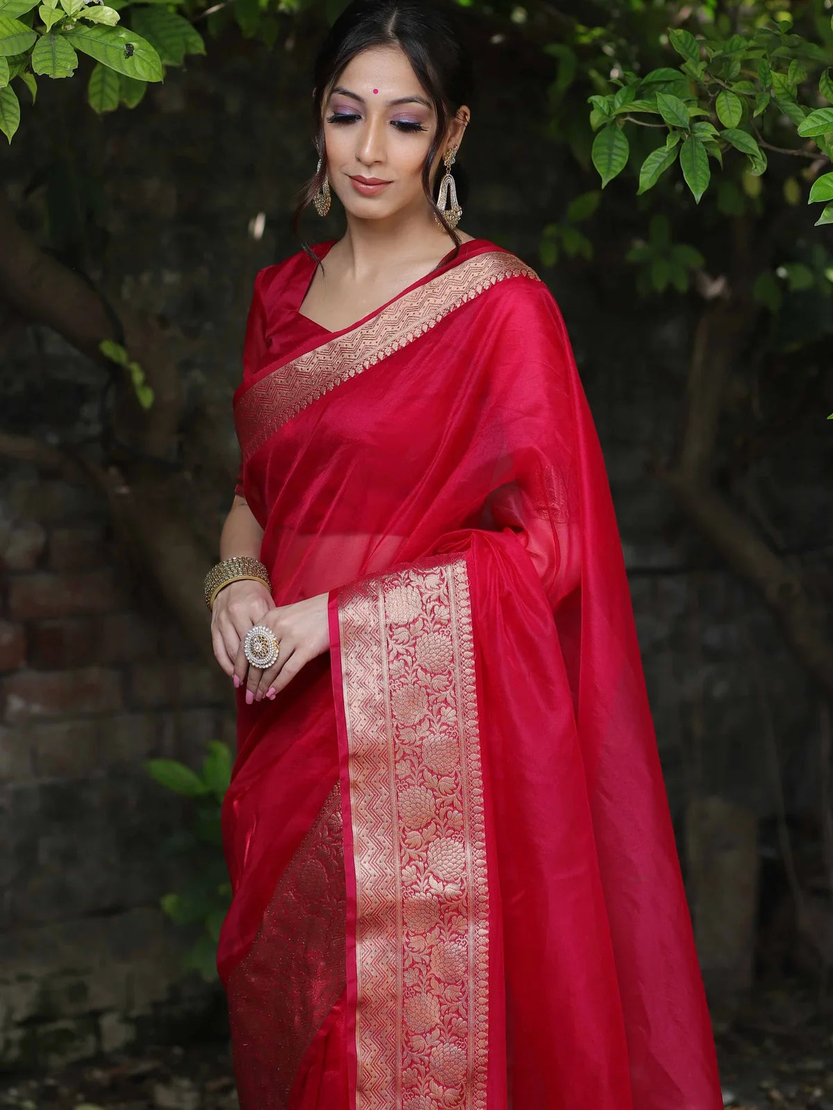 Premium Red Organza Silk Saree with Elegant Golden Woven Border