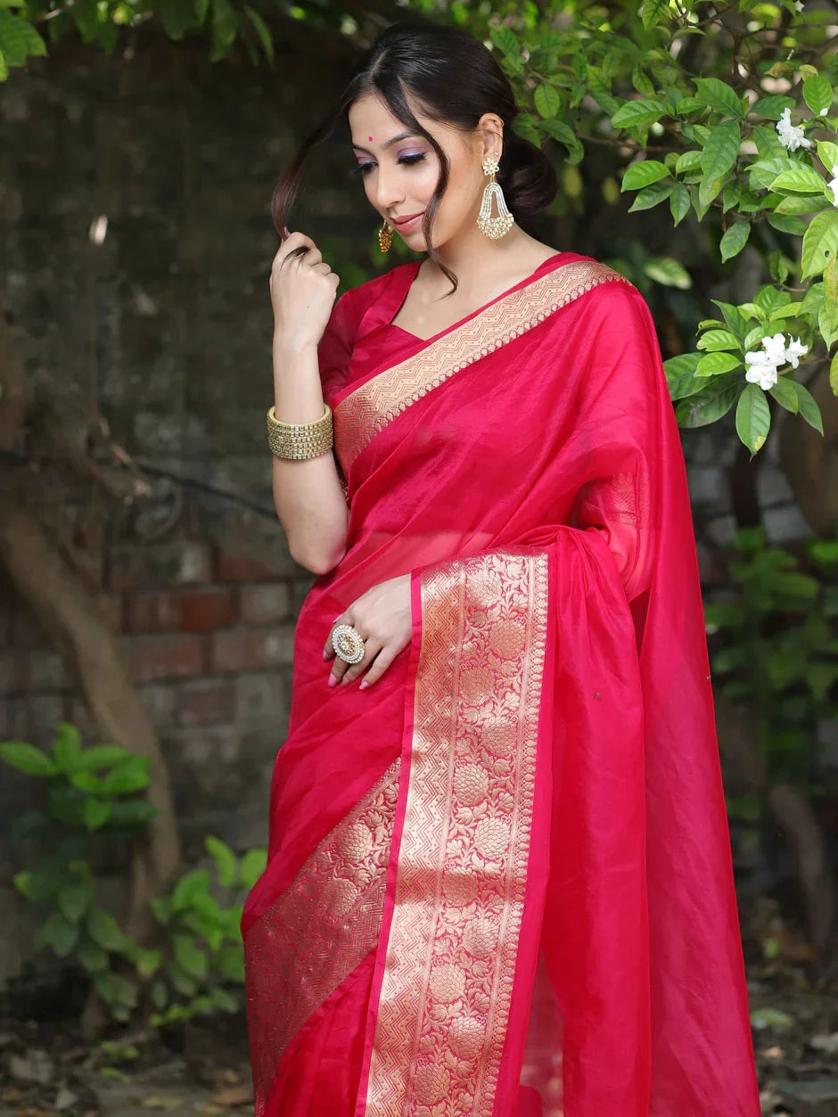 Premium Red Organza Silk Saree with Elegant Golden Woven Border