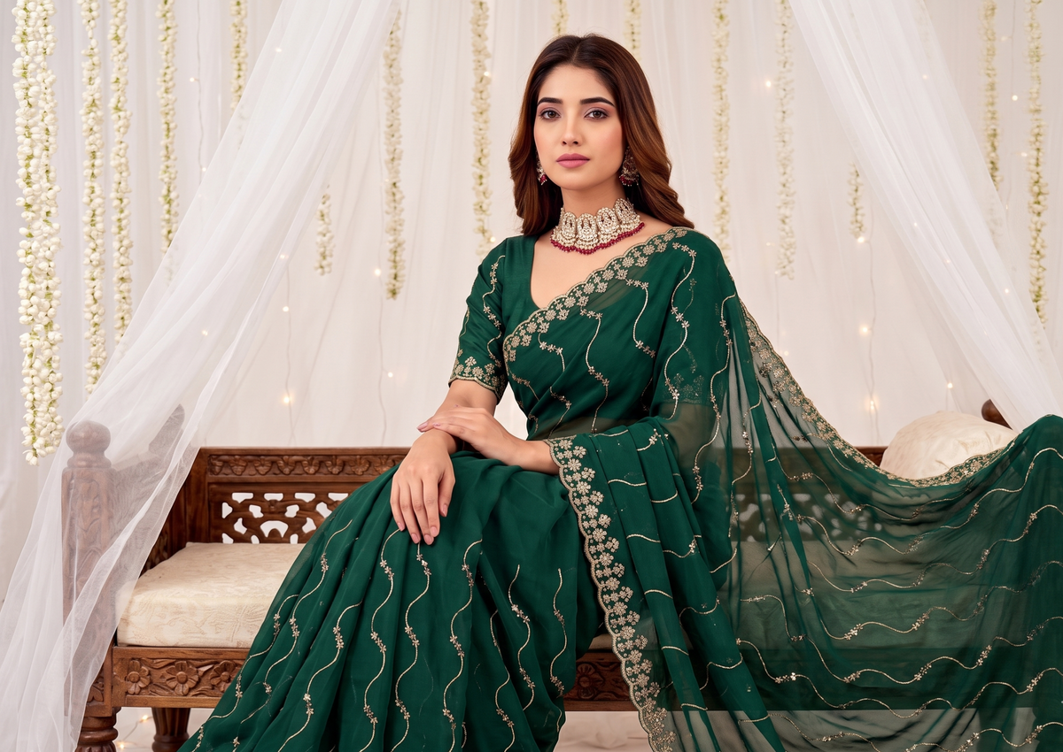 Designer Mustard Green Party Wear Georgette Saree with Sequin Embroidery