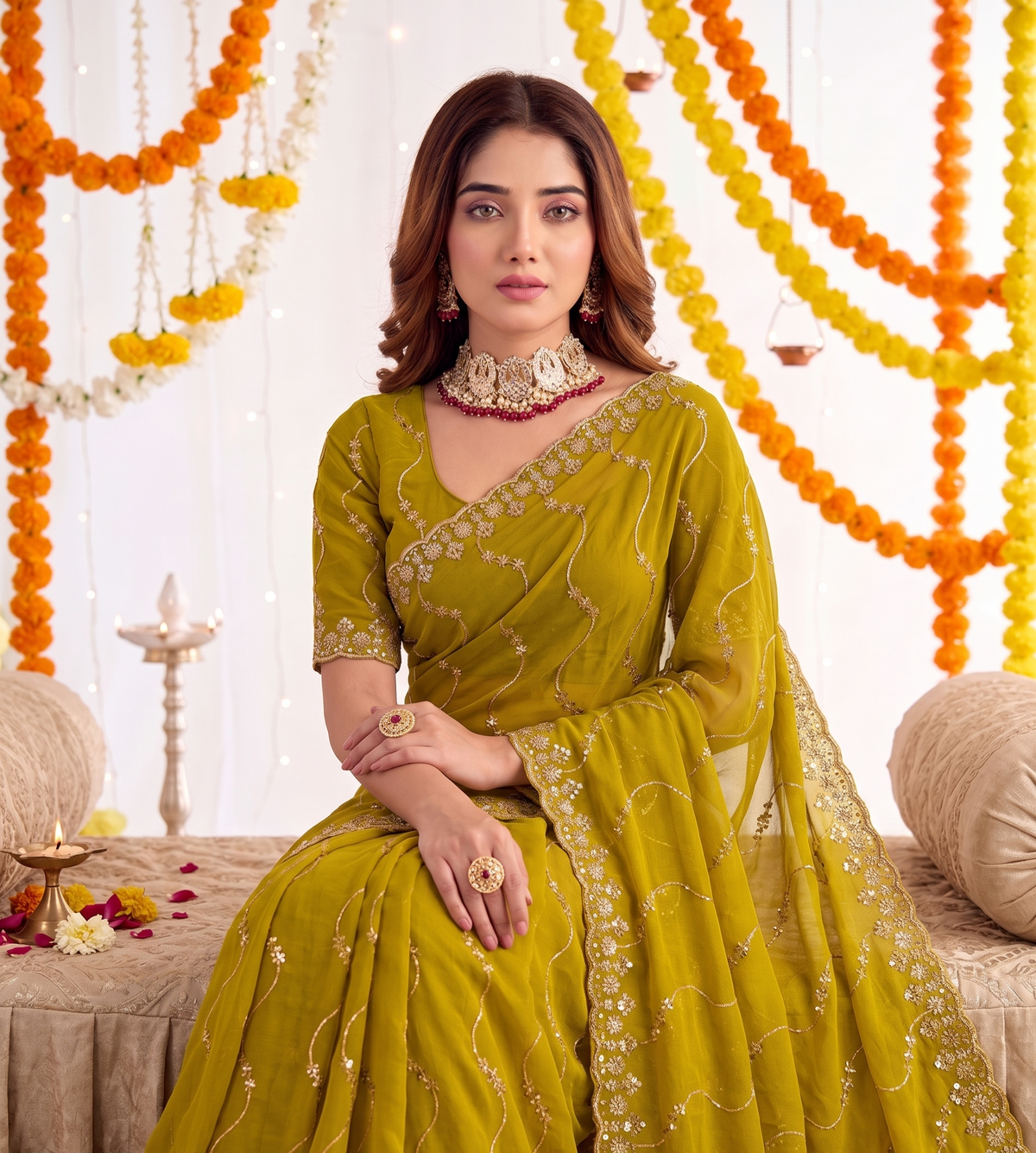 Designer Mustard Yellow Party Wear Georgette Saree with Sequin Embroidery