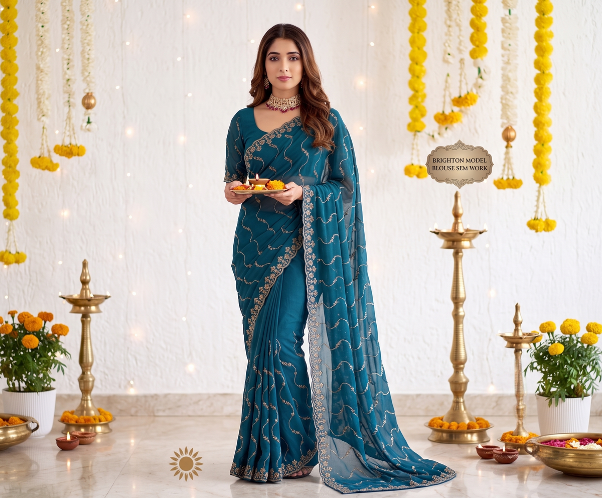 Designer Mustard Teal Party Wear Georgette Saree with Sequin Embroidery
