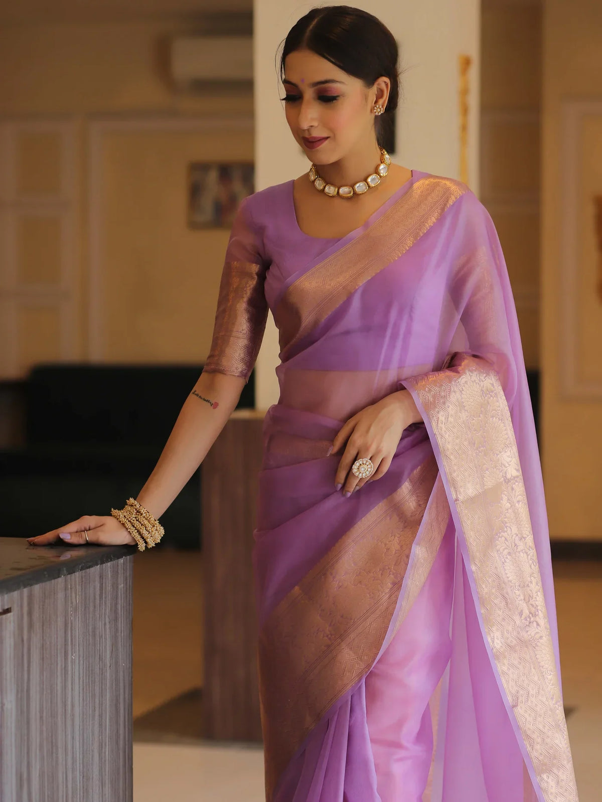 Premium Red Organza Silk Saree with Elegant Golden Woven Border
