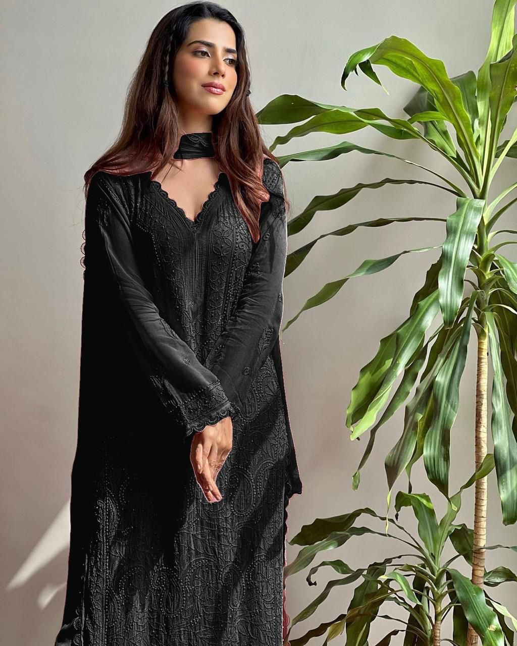 Black Georgette Chikankari Embroidery Kurta With Pant And Dupatta