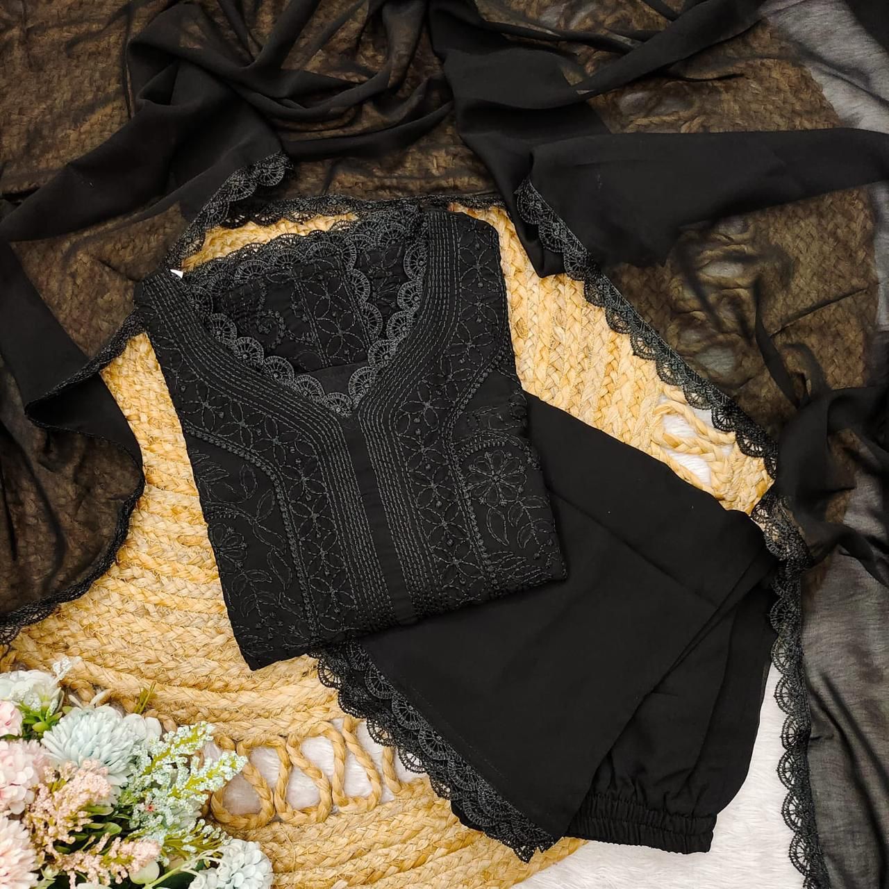 Black Georgette Chikankari Embroidery Kurta With Pant And Dupatta
