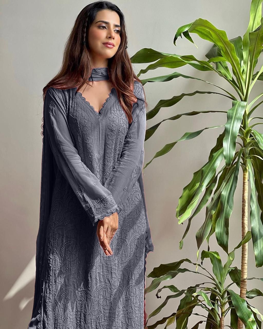 Gray Georgette Chikankari Embroidery Kurta With Pant And Dupatta