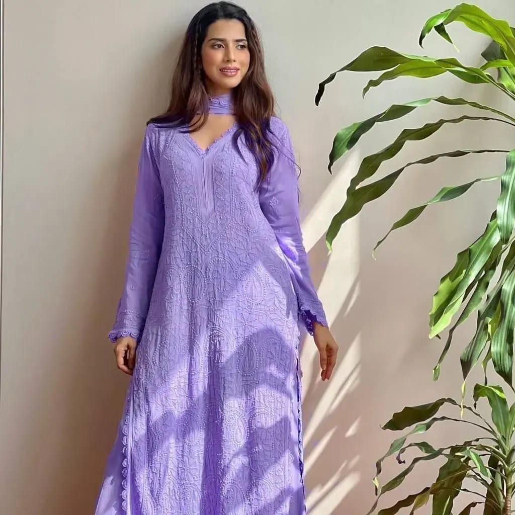 Lavender Georgette Chikankari Embroidery Kurta With Pant And Dupatta