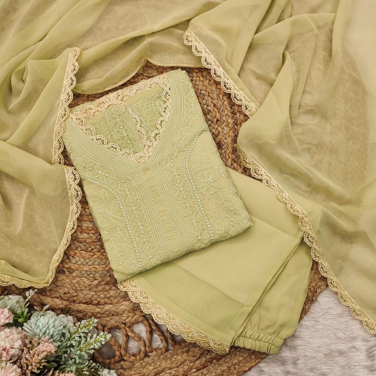 Pastel Lime Georgette Chikankari Embroidery Kurta With Pant And Dupatta