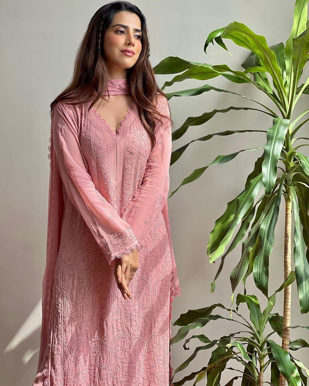 Pastel Pink Georgette Chikankari Embroidery Kurta With Pant And Dupatta