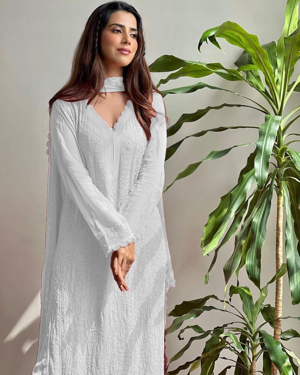 Georgette Chikankari Embroidery Kurta With Pant And Dupatta For Women