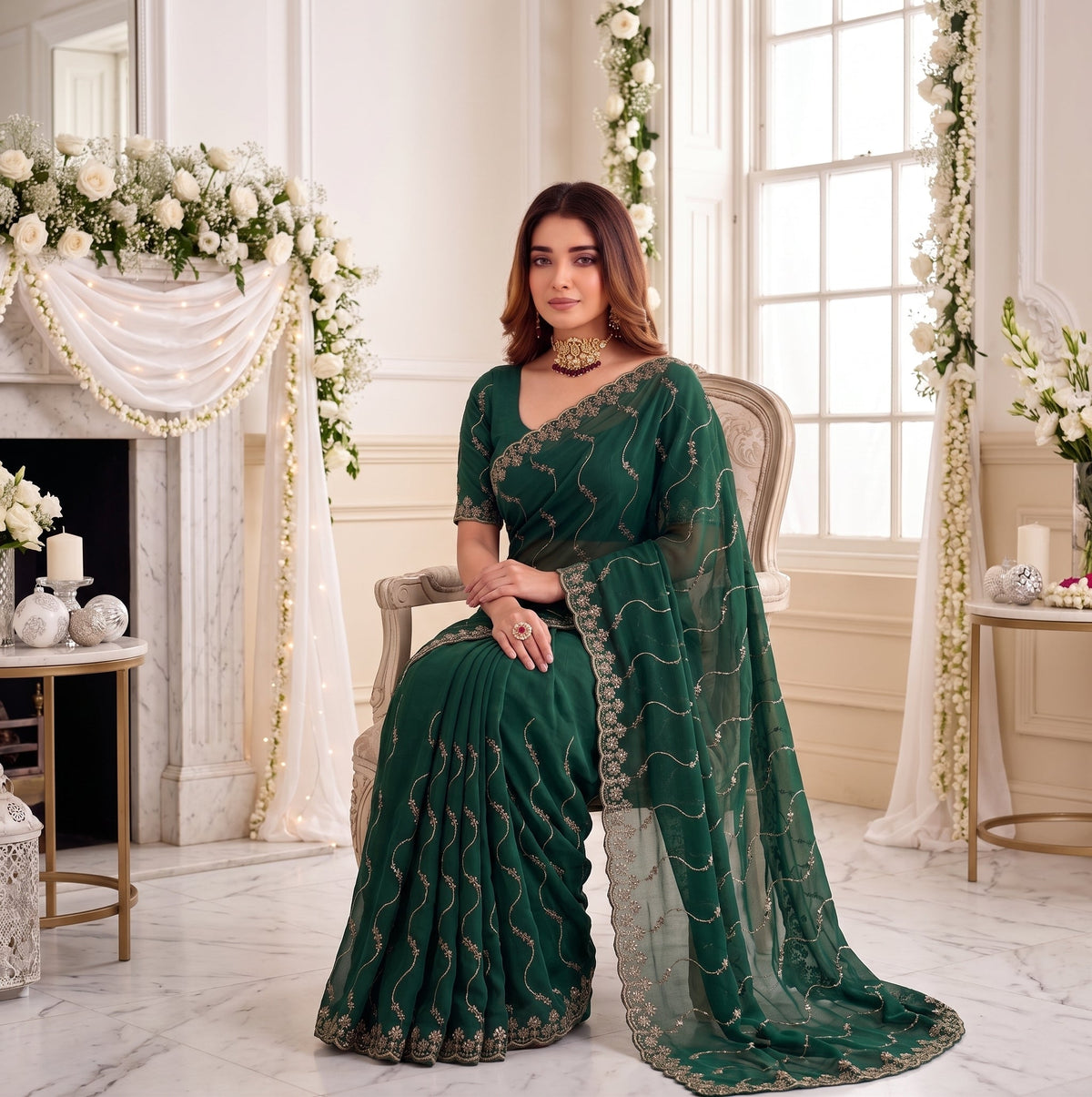 Designer Mustard Green Party Wear Georgette Saree with Sequin Embroidery