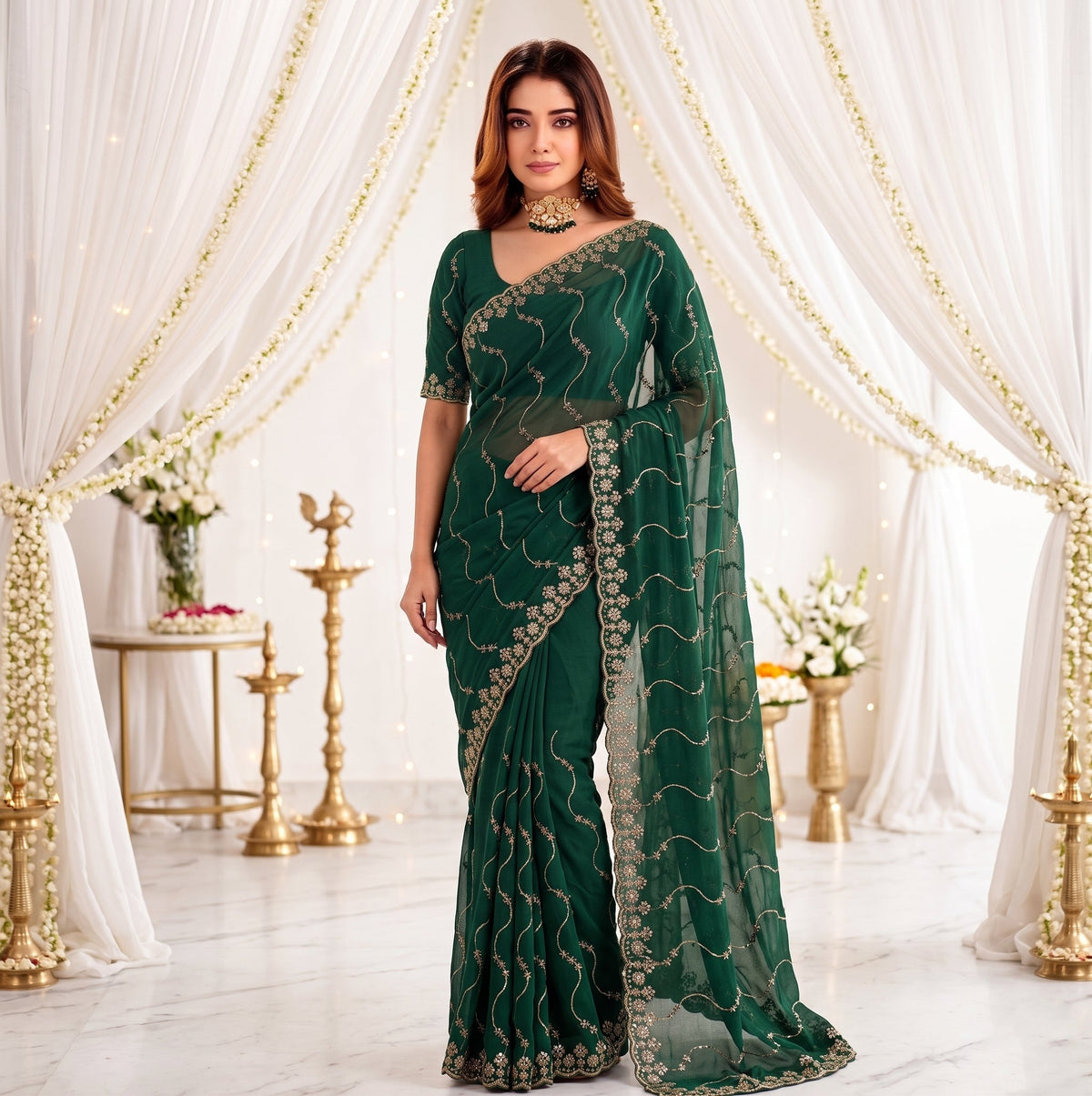 Designer Mustard Green Party Wear Georgette Saree with Sequin Embroidery