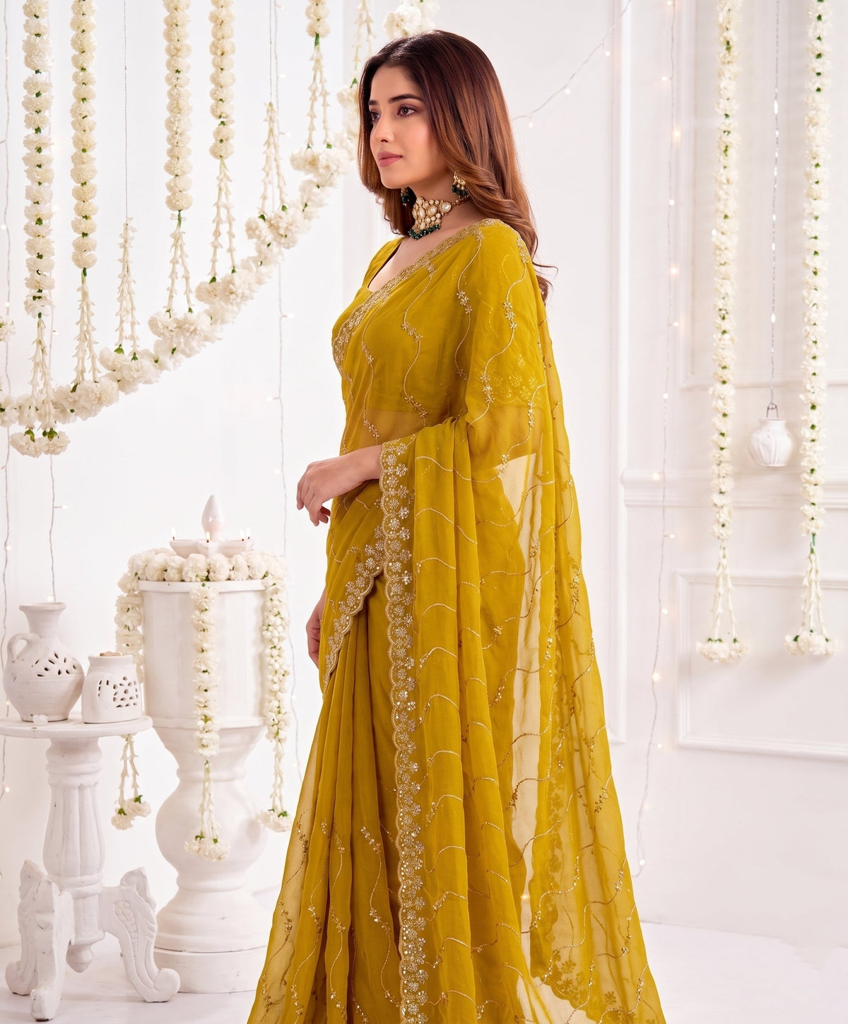 Designer Mustard Yellow Party Wear Georgette Saree with Sequin Embroidery