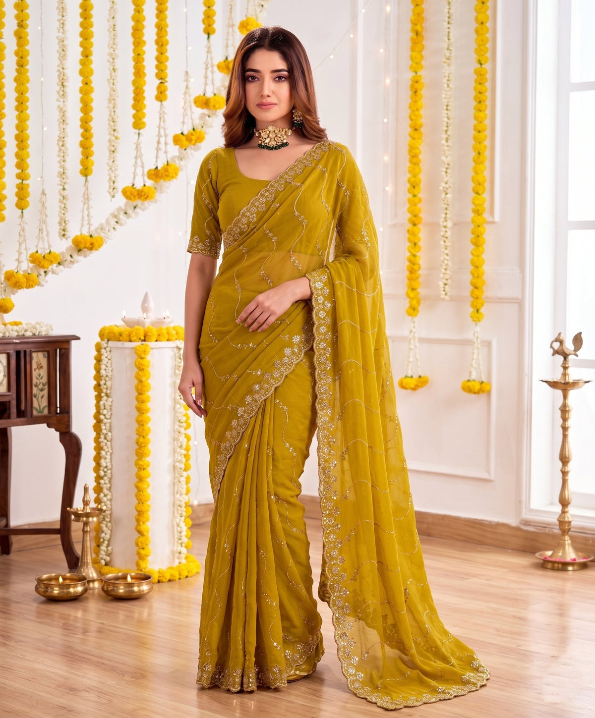 Designer Mustard Yellow Party Wear Georgette Saree with Sequin Embroidery