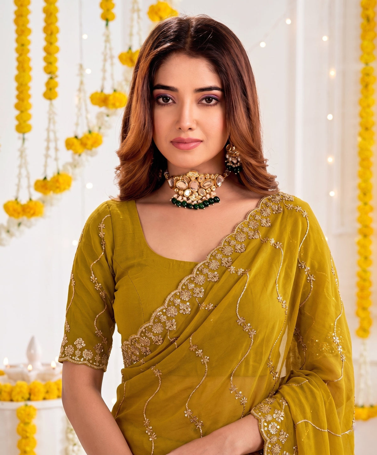 Designer Mustard Yellow Party Wear Georgette Saree with Sequin Embroidery