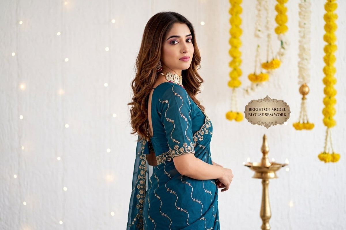 Designer Mustard Teal Party Wear Georgette Saree with Sequin Embroidery