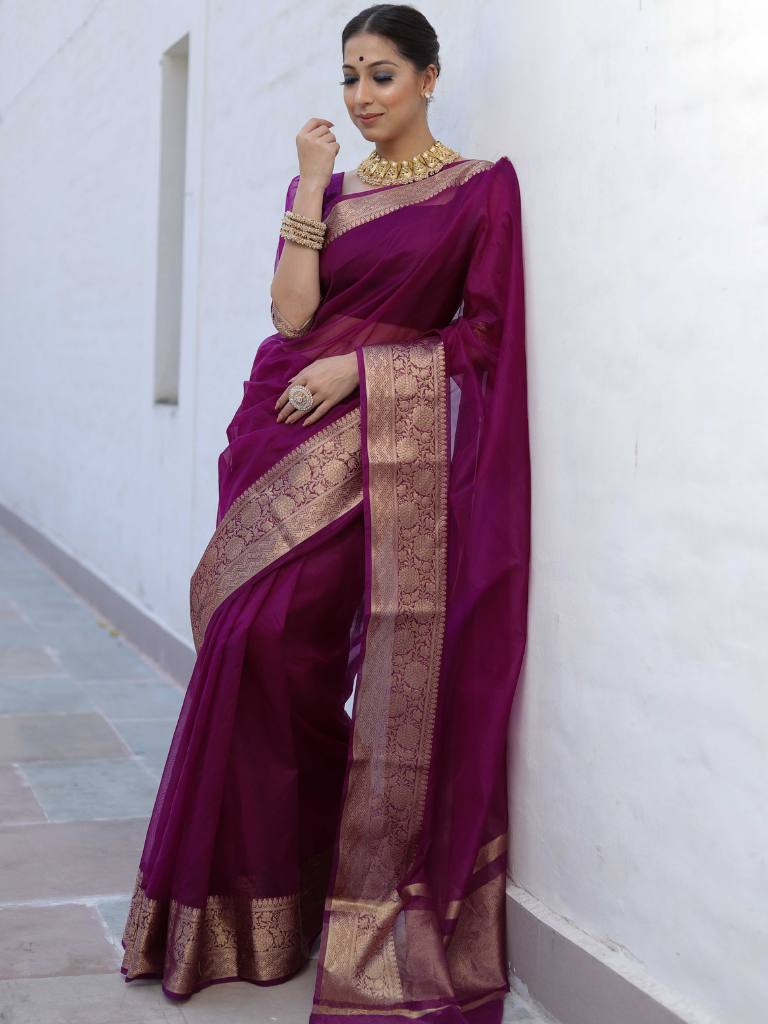 Premium Wine Organza Silk Saree with Elegant Golden Woven Border