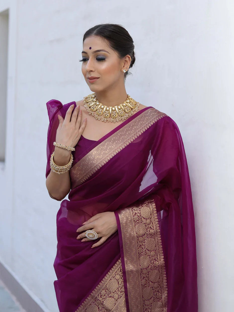 Premium Wine Organza Silk Saree with Elegant Golden Woven Border