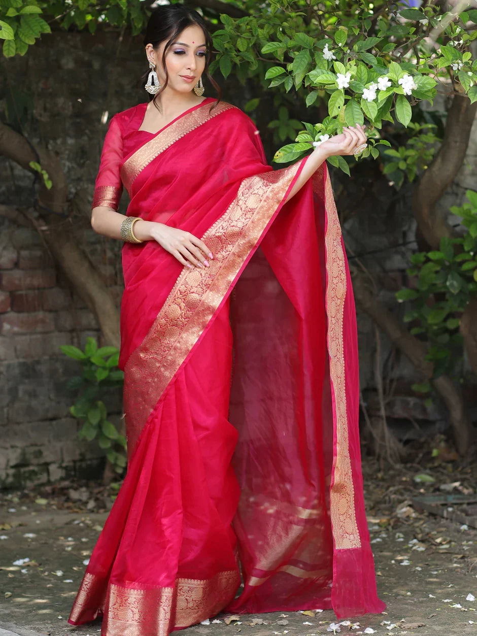 Premium Red Organza Silk Saree with Elegant Golden Woven Border