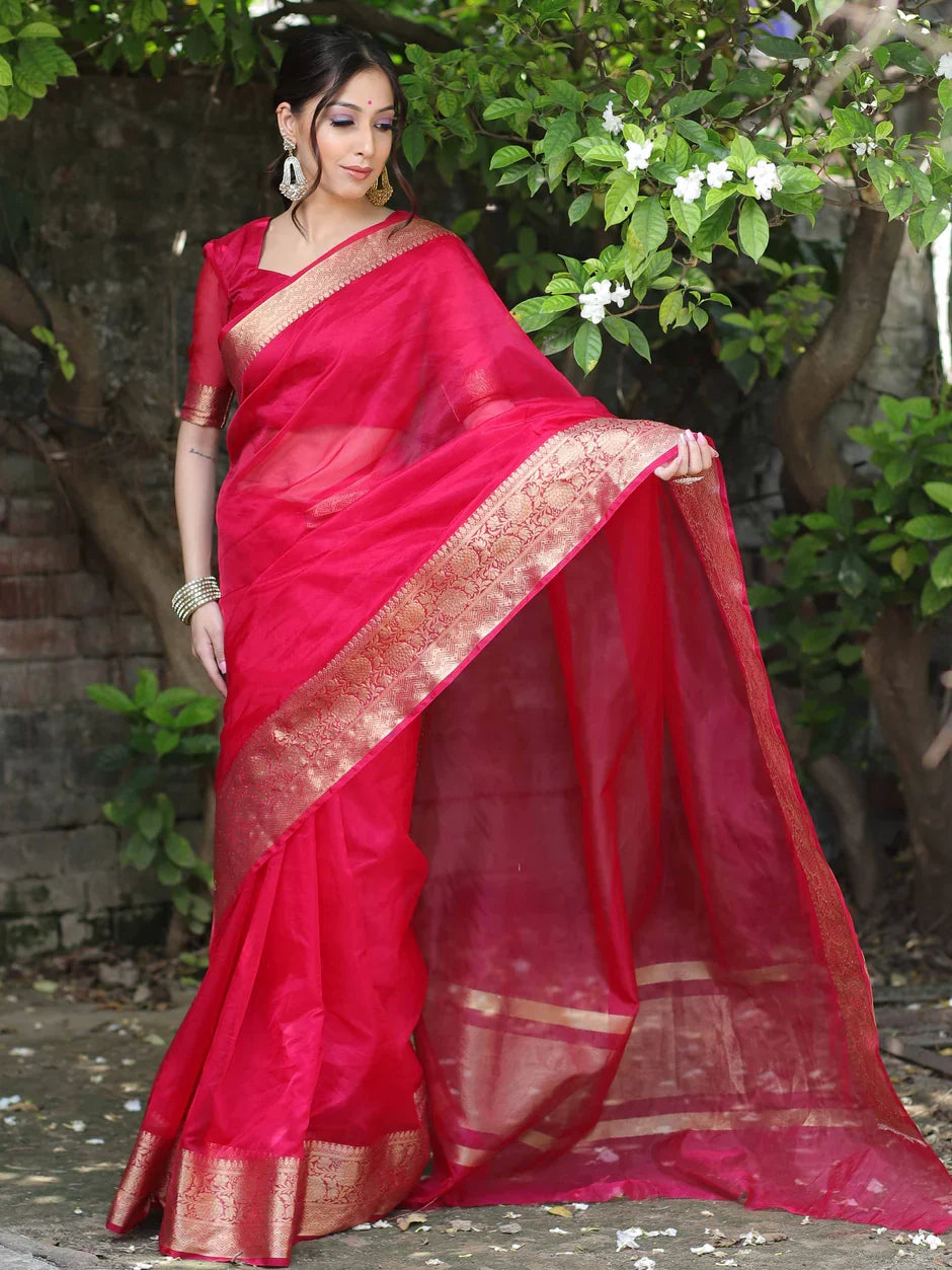 Premium Red Organza Silk Saree with Elegant Golden Woven Border