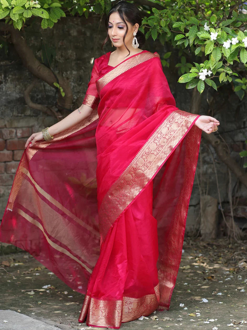 Premium Red Organza Silk Saree with Elegant Golden Woven Border
