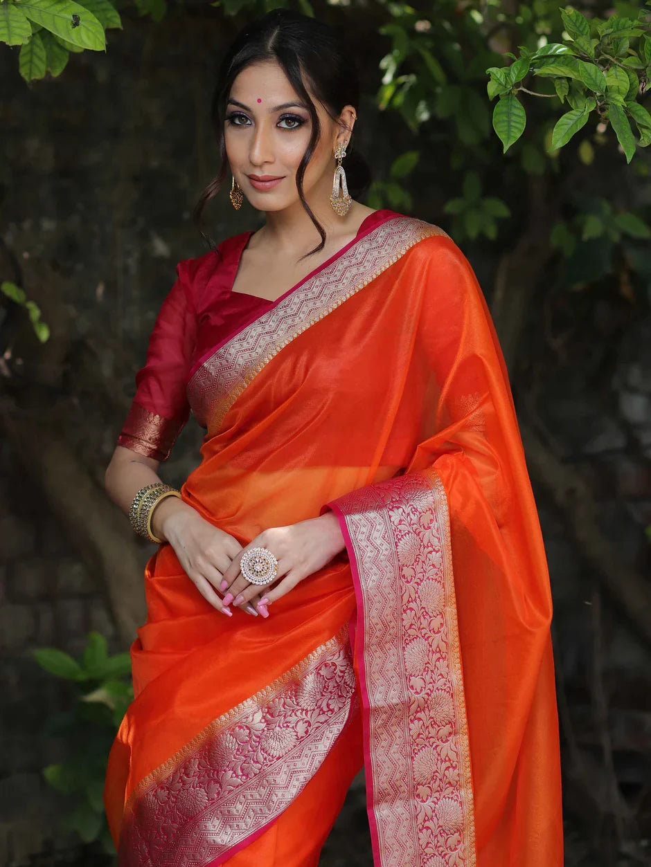 Premium Red Organza Silk Saree with Elegant Golden Woven Border