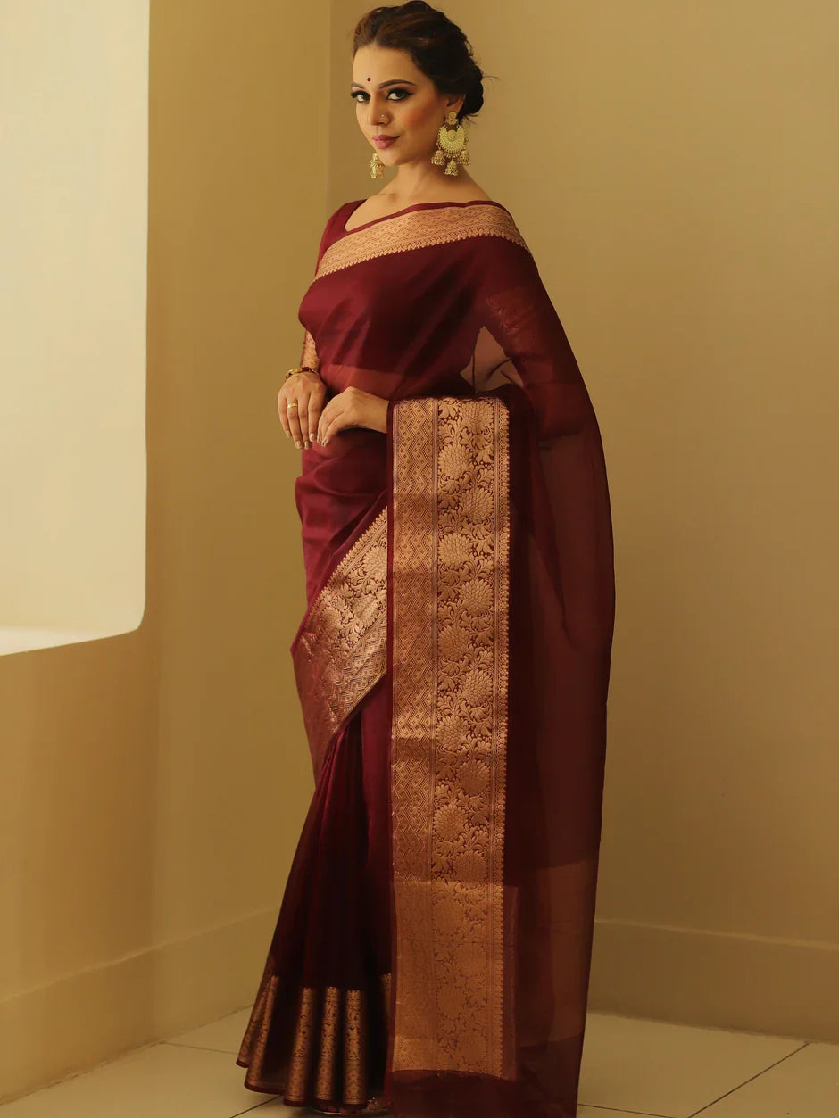 Premium Red Organza Silk Saree with Elegant Golden Woven Border