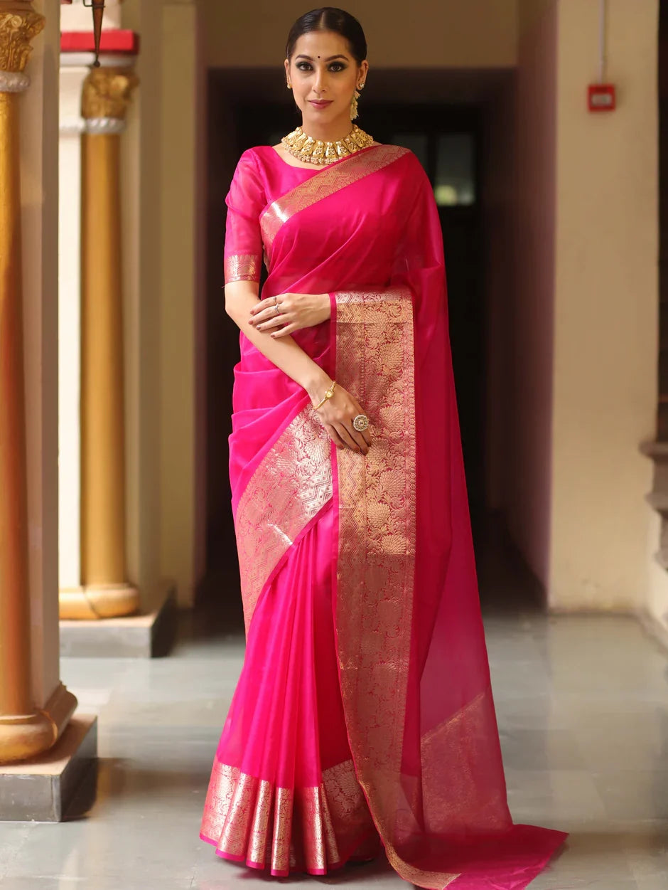 Premium Red Organza Silk Saree with Elegant Golden Woven Border