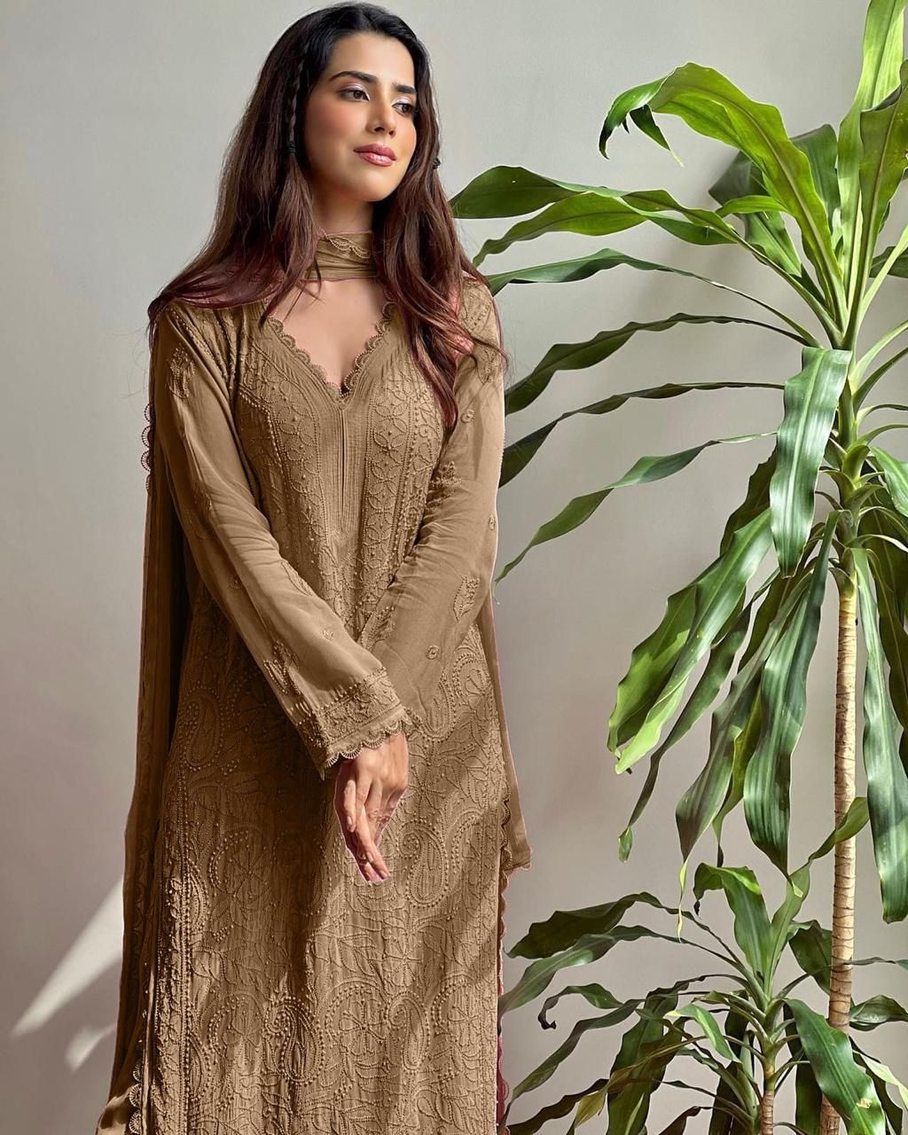 Brown Georgette Chikankari Embroidery Kurta With Pant And Dupatta
