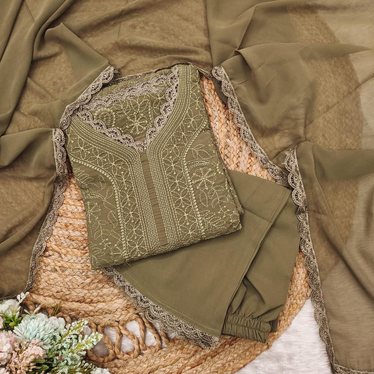 Brown Georgette Chikankari Embroidery Kurta With Pant And Dupatta