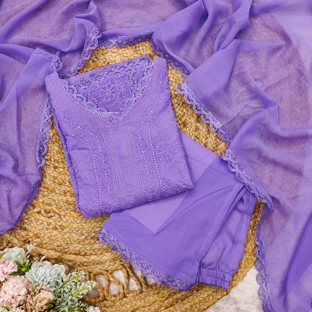 Lavender Georgette Chikankari Embroidery Kurta With Pant And Dupatta