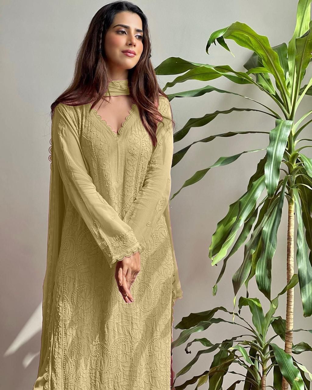 Pastel Lime Georgette Chikankari Embroidery Kurta With Pant And Dupatta