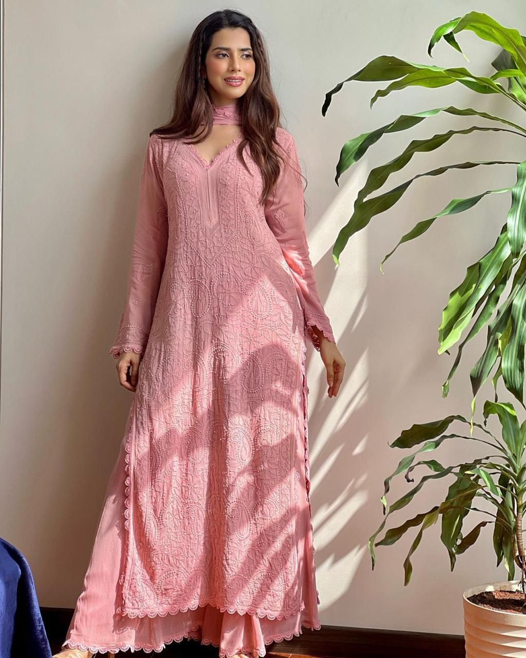 Pastel Pink Georgette Chikankari Embroidery Kurta With Pant And Dupatta