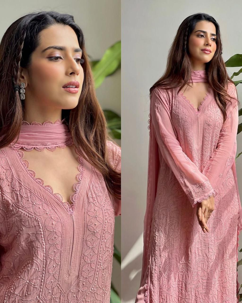 Pastel Pink Georgette Chikankari Embroidery Kurta With Pant And Dupatta