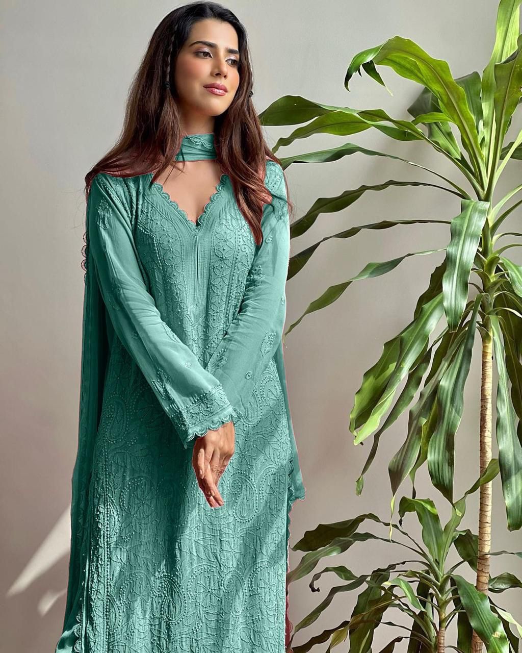 Pastel Teal Georgette Chikankari Embroidery Kurta With Pant And Dupatta