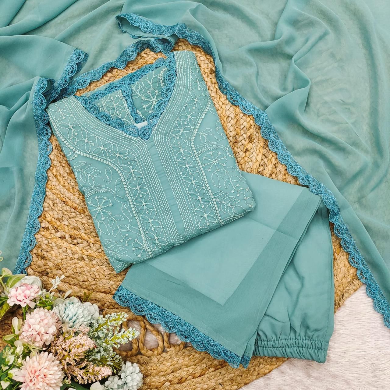Pastel Teal Georgette Chikankari Embroidery Kurta With Pant And Dupatta