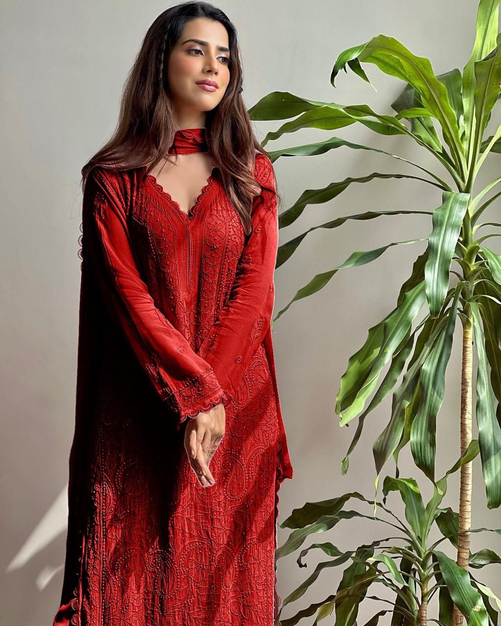 Red Georgette Chikankari Embroidery Kurta With Pant And Dupatta