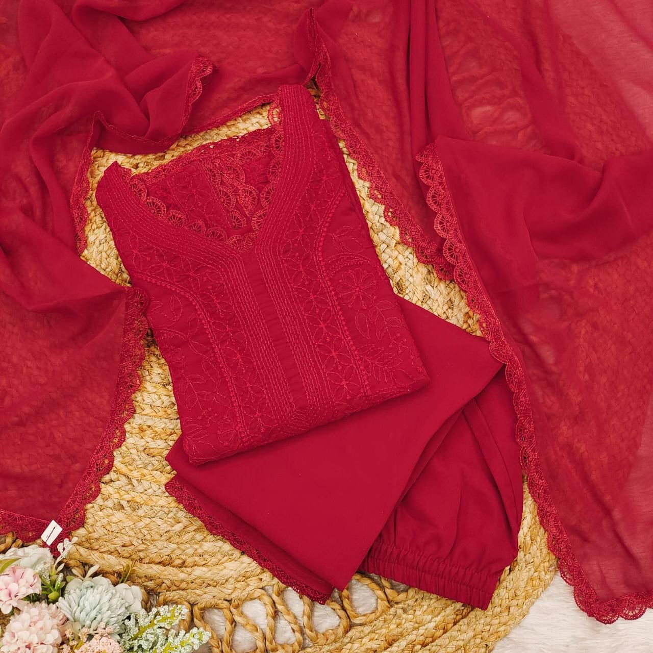 Red Georgette Chikankari Embroidery Kurta With Pant And Dupatta