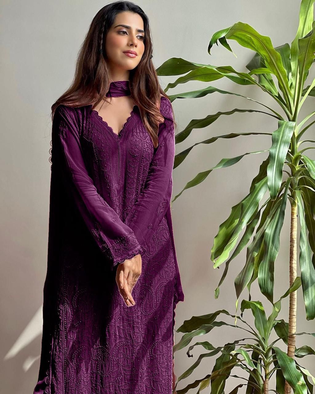 Wine Georgette Chikankari Embroidery Kurta With Pant And Dupatta