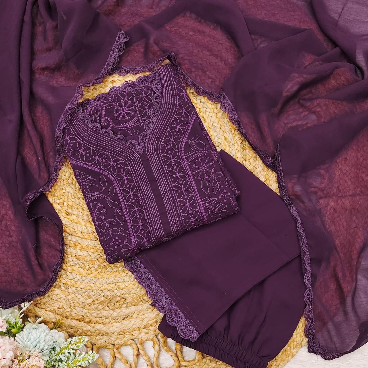 Wine Georgette Chikankari Embroidery Kurta With Pant And Dupatta