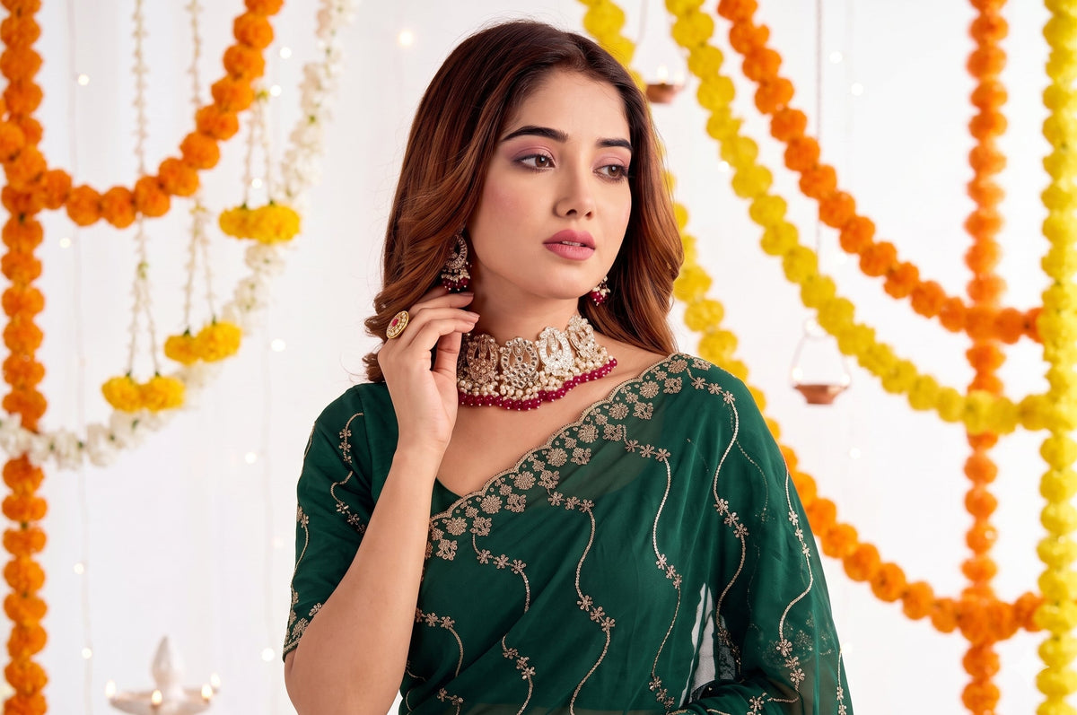 Designer Mustard  Green Party Wear Georgette Saree with Sequin Embroidery