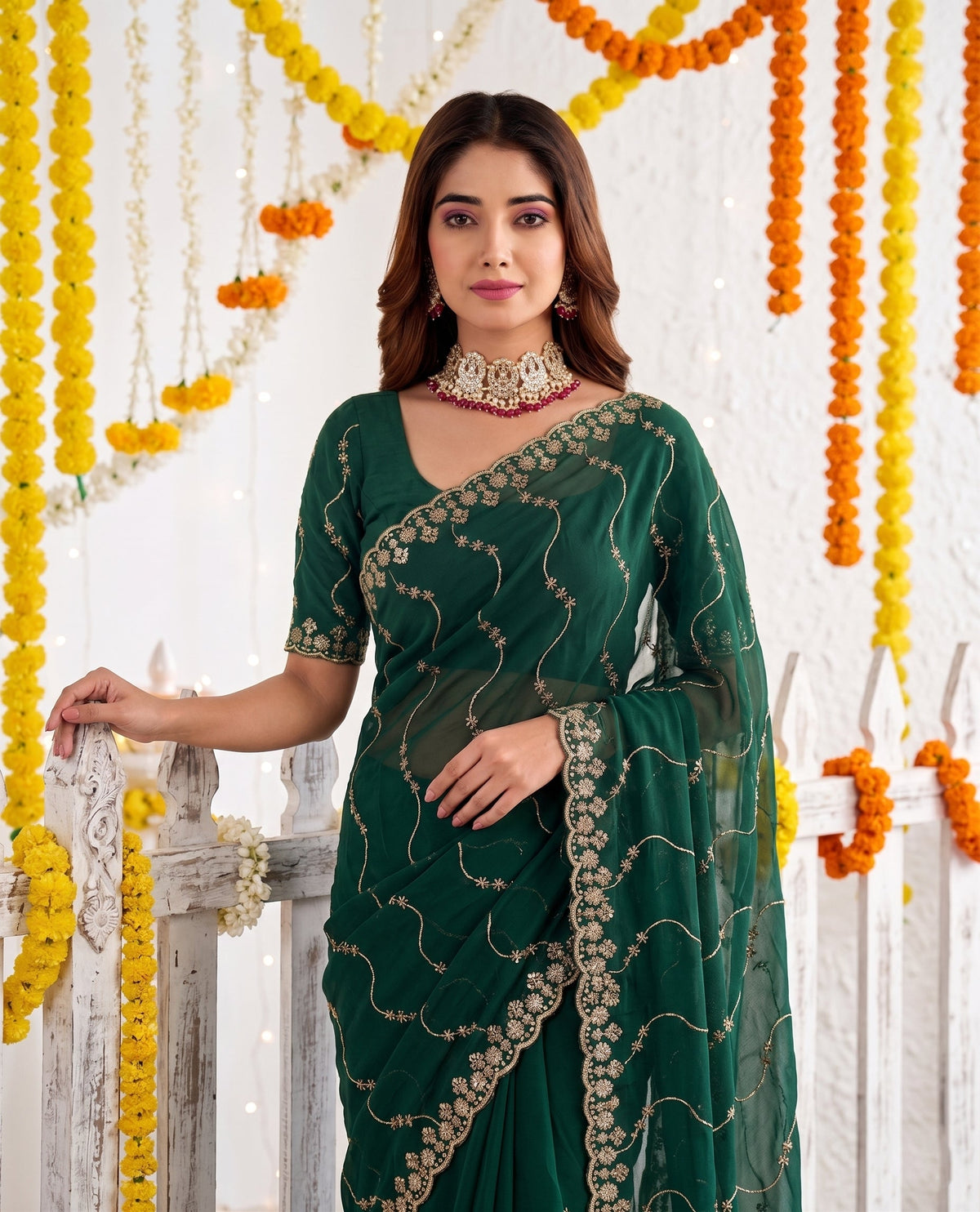 Designer Mustard  Green Party Wear Georgette Saree with Sequin Embroidery