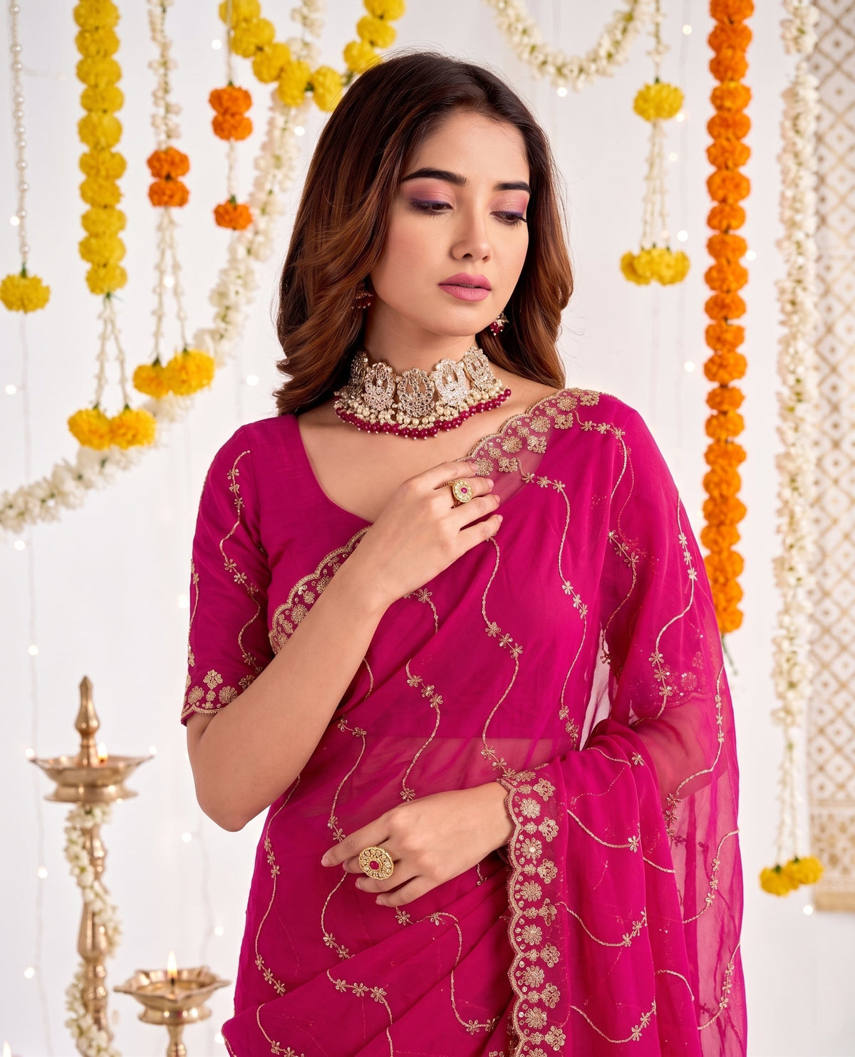 Designer Mustard Rani Pink Party Wear Georgette Saree with Sequin Embroidery (Copy)