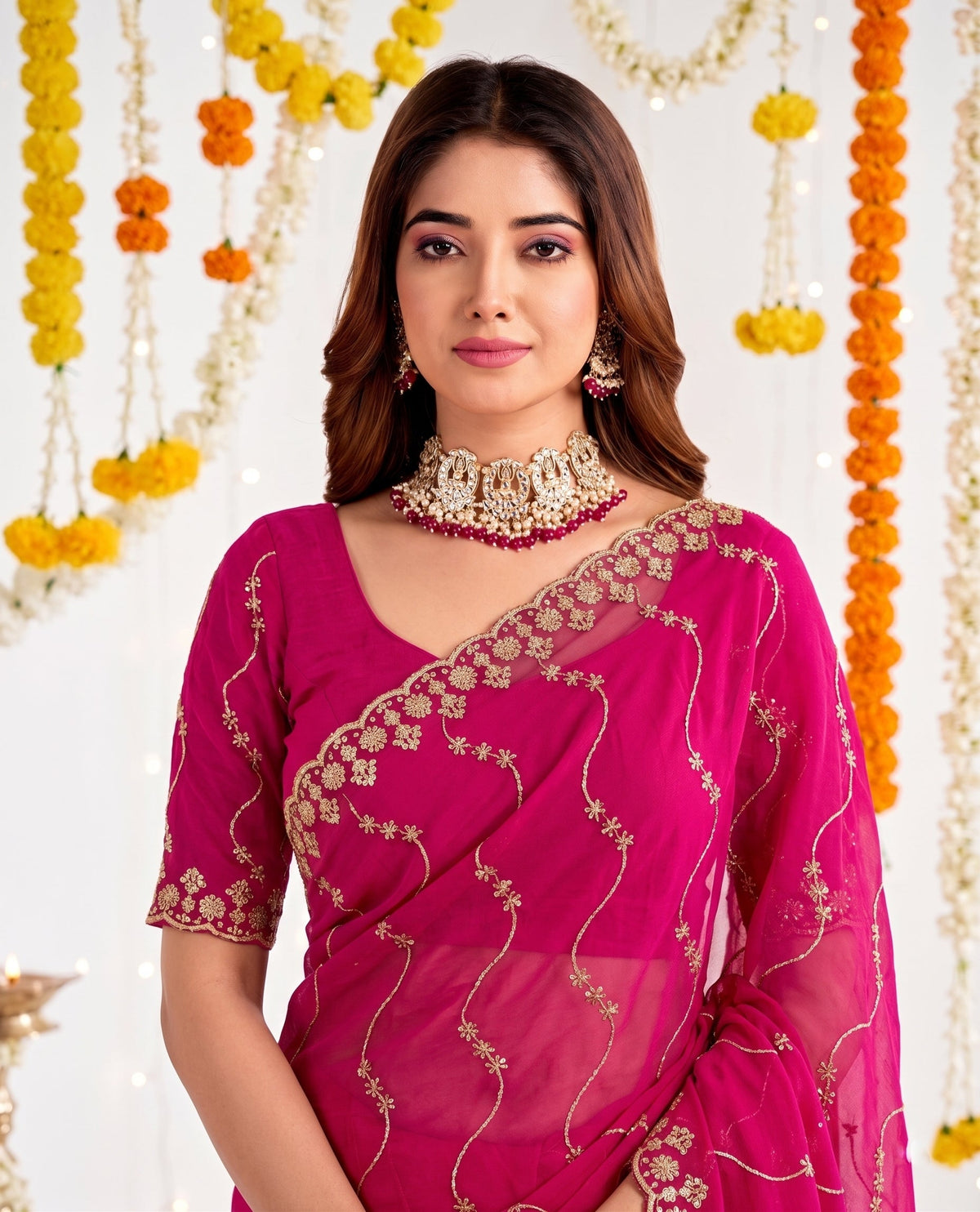 Designer Mustard Rani Pink Party Wear Georgette Saree with Sequin Embroidery (Copy)