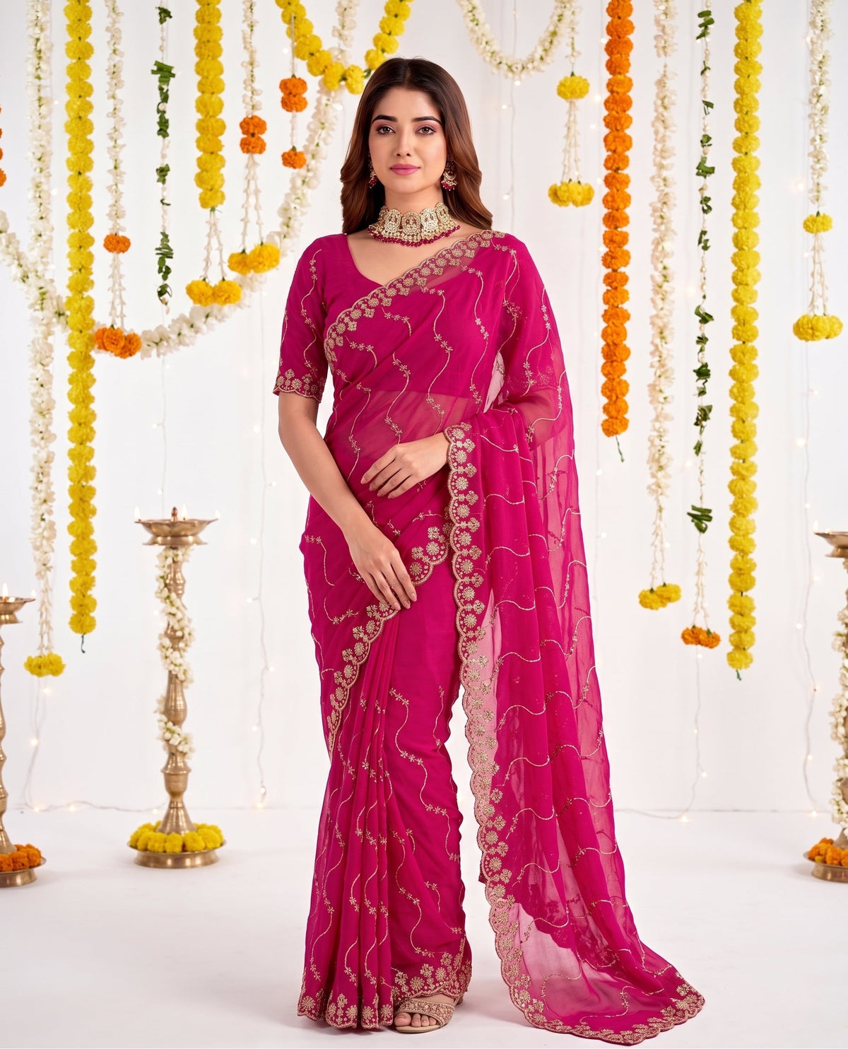 Designer Mustard Rani Pink Party Wear Georgette Saree with Sequin Embroidery (Copy)