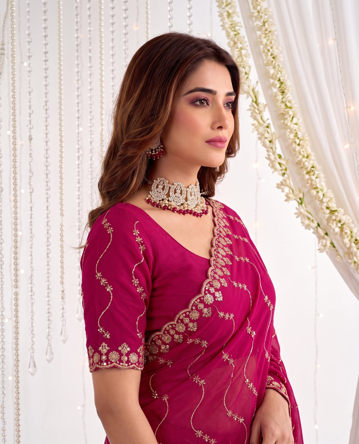 Designer Mustard Rani Pink Party Wear Georgette Saree with Sequin Embroidery (Copy)