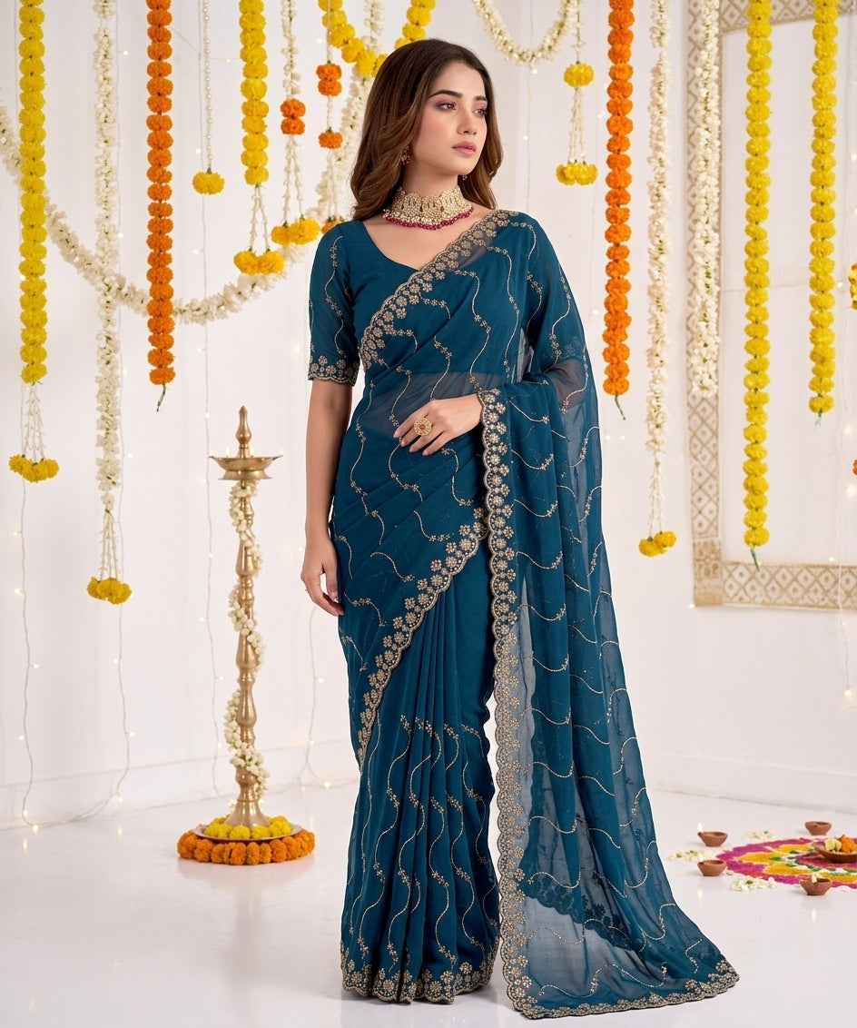 Designer Mustard Teal Blue Party Wear Georgette Saree with Sequin Embroidery (Copy) (Copy)