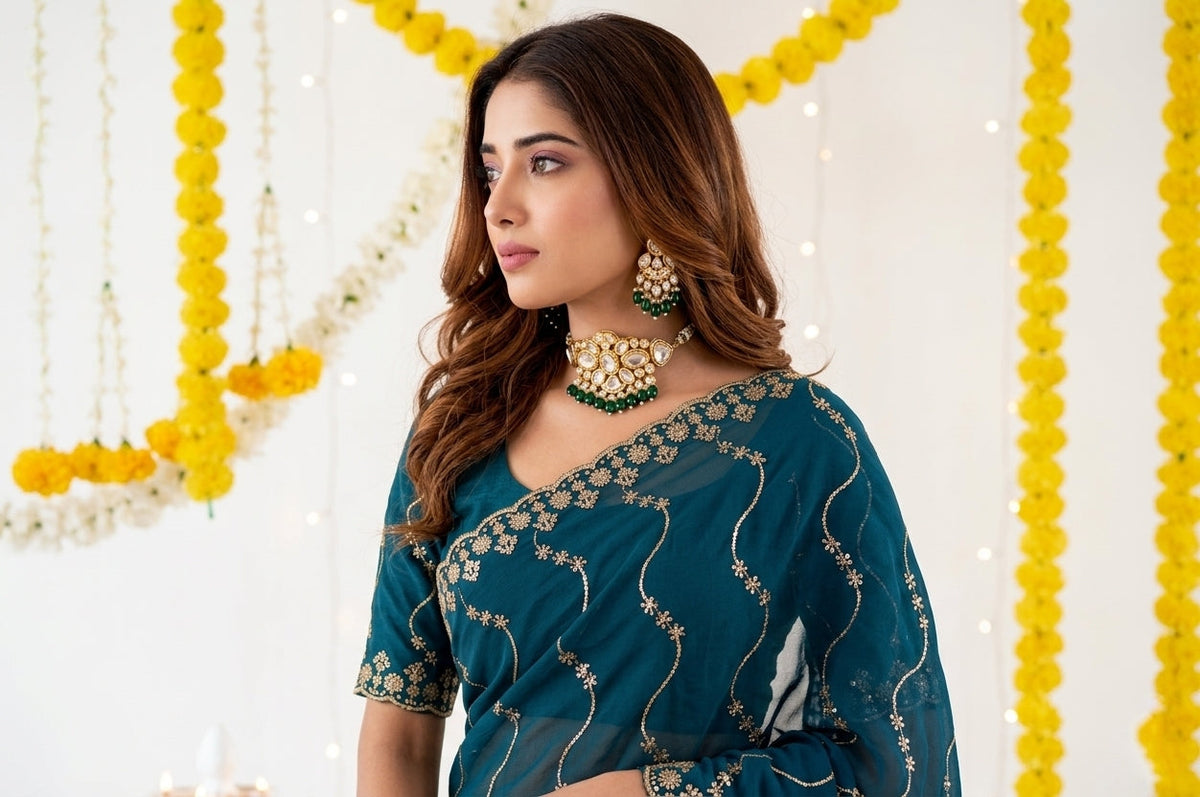 Designer Mustard  Teal Party Wear Georgette Saree with Sequin Embroidery